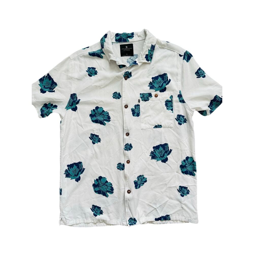 Junk Food Floral Button Up Camp Shirt White Blue Mens M